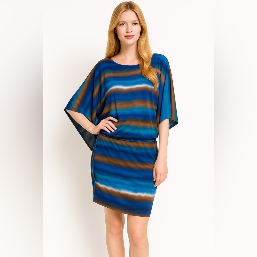 NWOT Abi Ferrin Blue and Brown Striped Drawstring Waist Relaxed Dress Size Large